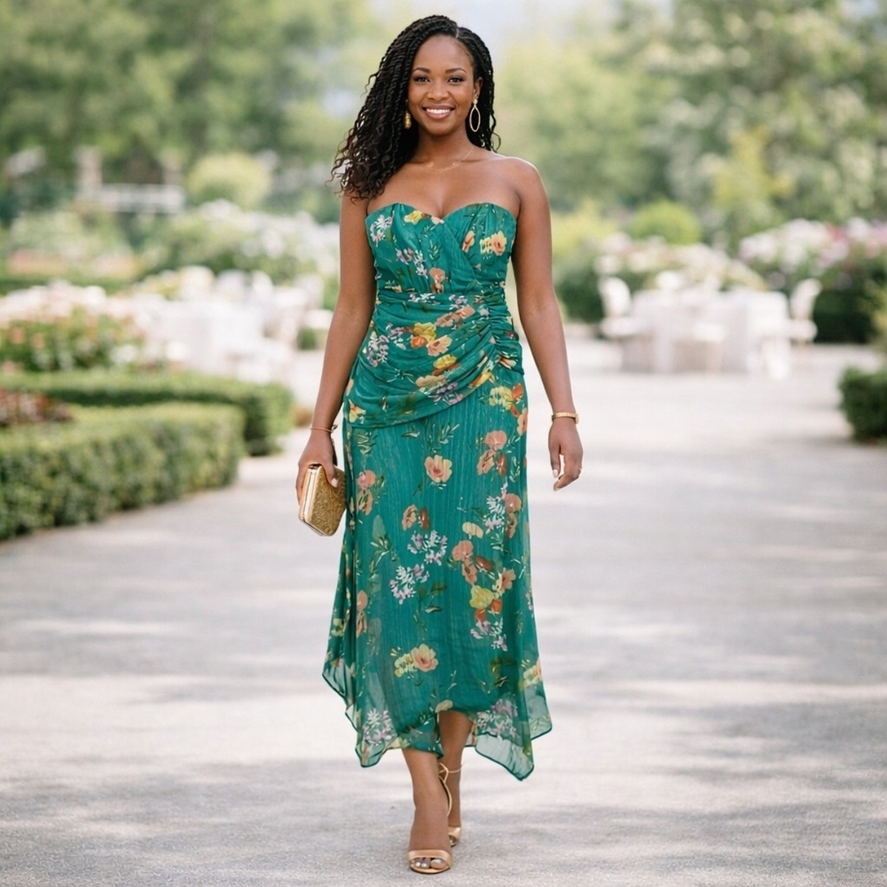 Harlyn Whimsigoth Strapless Floral Midi Dress Ruched Handkerchief Hem Green Pink